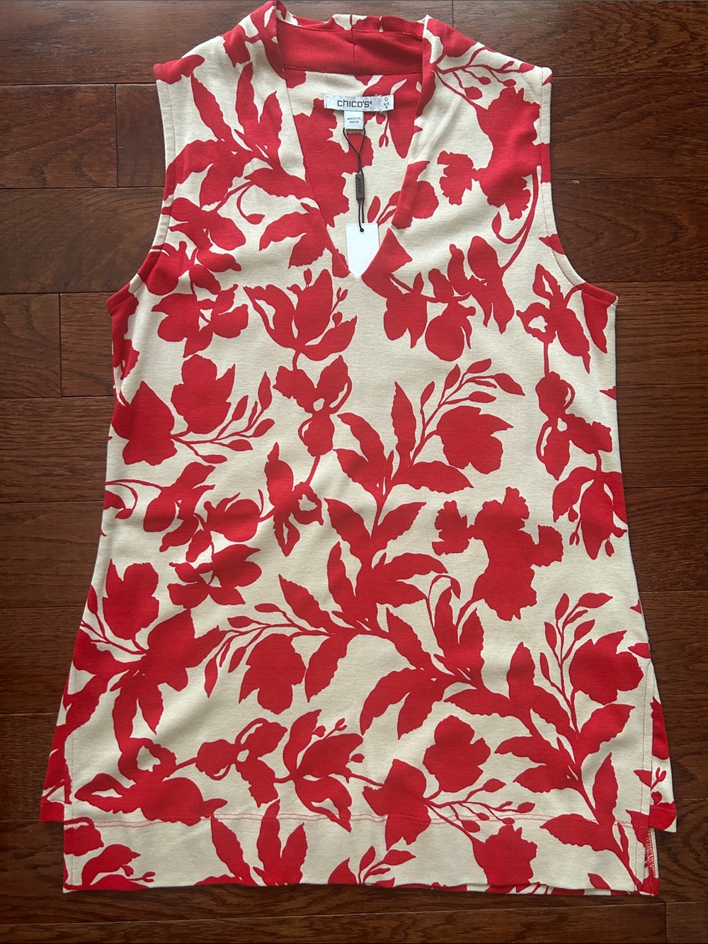 Chico's Red and Cream Floral Muscle Tee